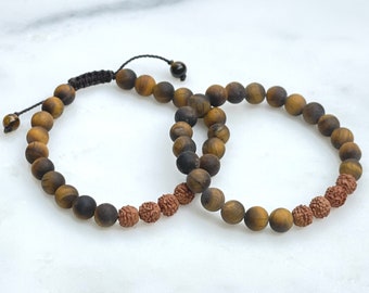 MATTE TIGER EYE | Rudraksha Mala Bracelet | Protective Energy Jewelry | Wrist Mala Beads | Unisex Mala Necklace | Grounding Necklace