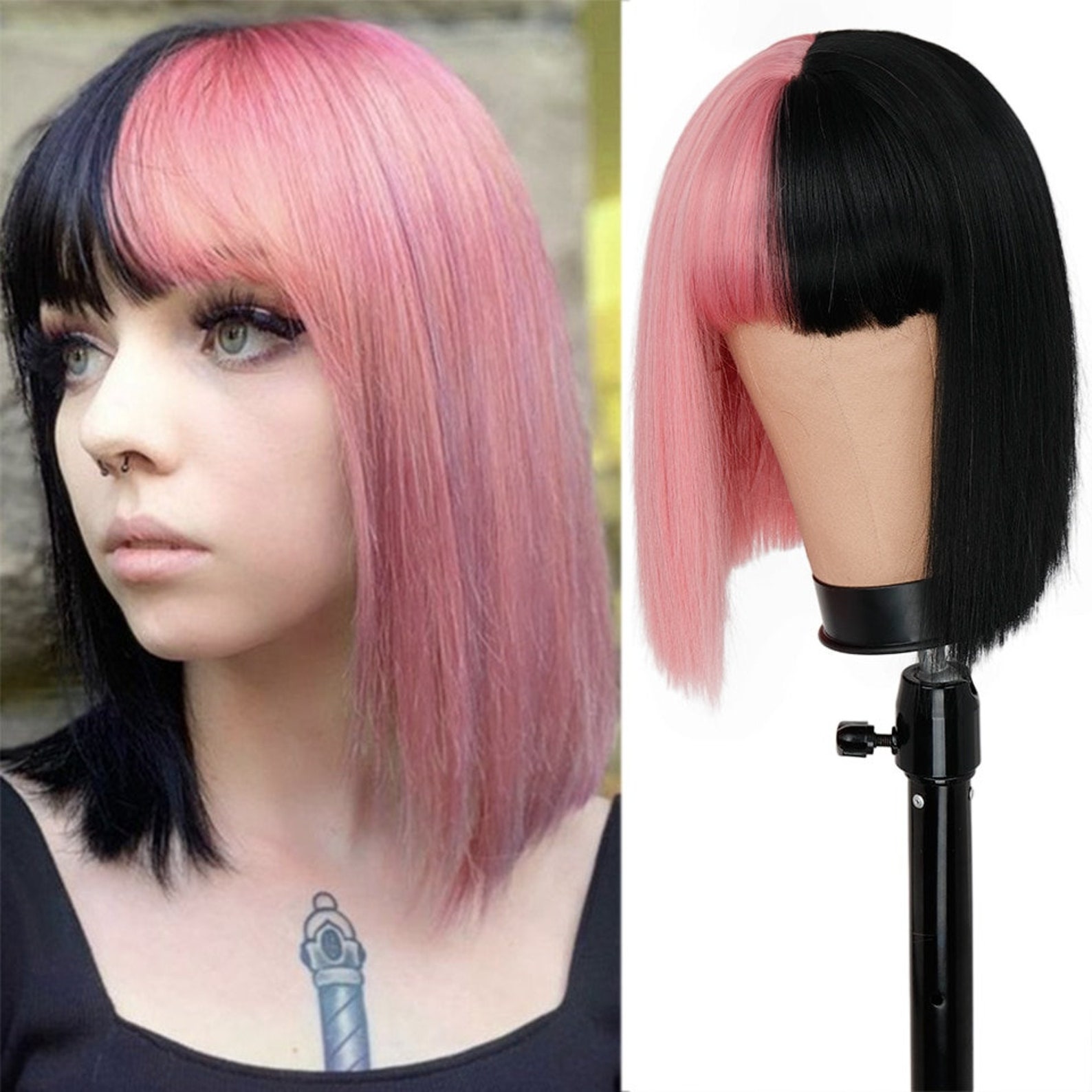Pink and Black Wig Long Straight hair Cosplay Wig Two Tone Etsy