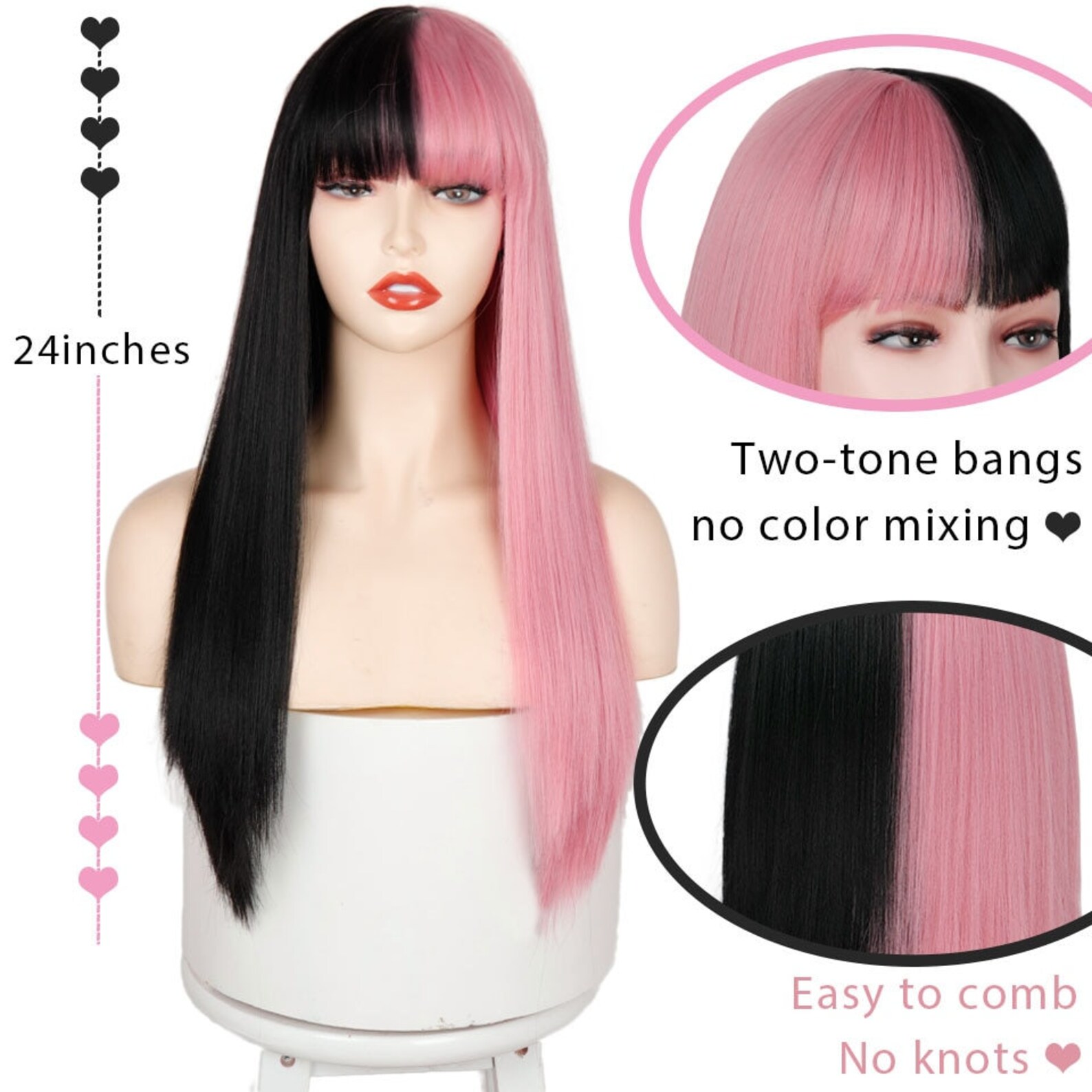 Pink and Black Wig Long Straight hair Cosplay Wig Two Tone Etsy
