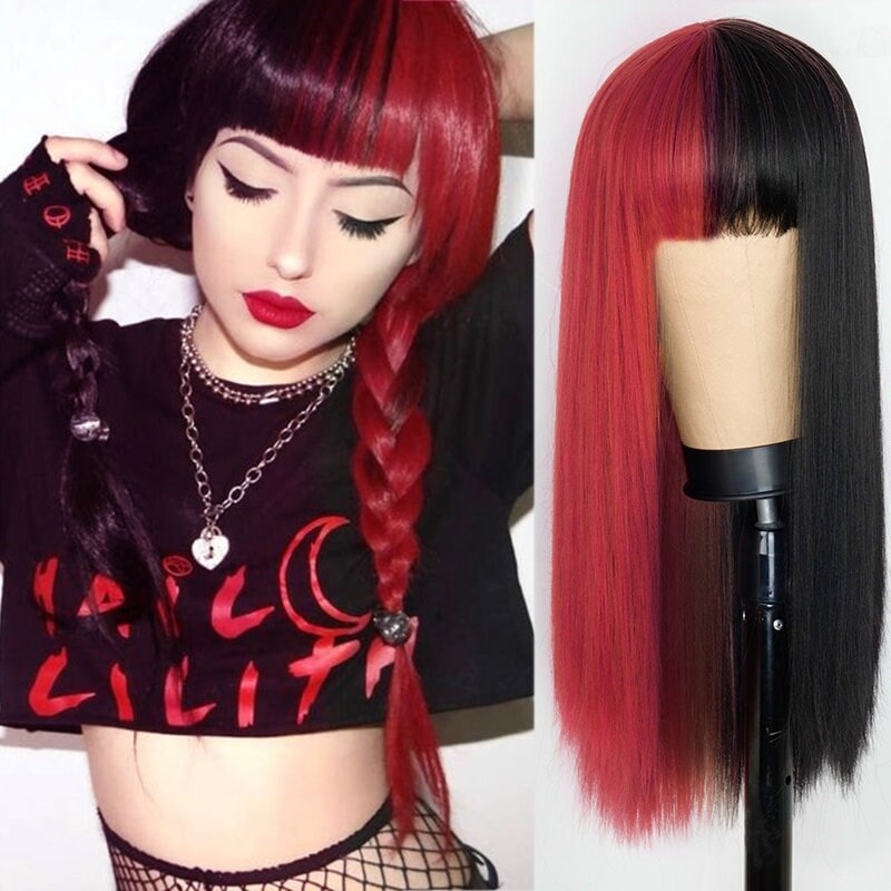 Pink and Black Wig Long Straight hair Cosplay Wig Two Tone | Etsy