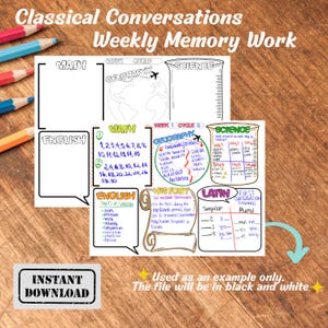 Puede incluir: Una hoja de trabajo de memoria semanal imprimible en blanco y negro con secciones para matemáticas, geografía, ciencias, inglés, historia y latín. La hoja incluye el texto "Classical Conversations" y "Instant Download".