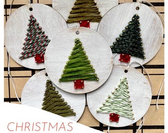 Handmade Christmas Ornament: green tree string art.  White ornament