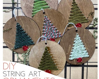 DIY Christmas Ornament String Art Kit: made to order ornament craft for all ages.  4 inch round Birch Wood Craft. Each sold Separately.