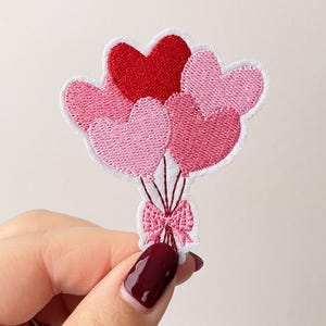 Heart Balloon Bouquet Embroidered Iron On Patch, Pink and Red Valentine Applique