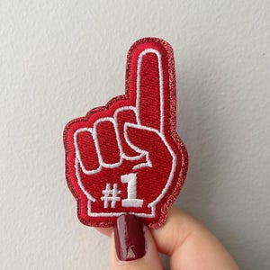 game day patch, red foam finger number 1 patch, trucker hat patches, football patch, baseball soccer patch,  senior day patch, fan finger