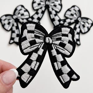 Checkered Bow Patch, Black White Embroidered Iron On Patch, Preppy Bow Patch for Jackets Bags, Cute Coquette Varsity Patch