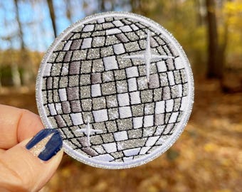Iron on Patch Mirror Ball, Embroidered Silver Disco Ball Patch, Patches for Jeans, Sassy DIY Patch for Jacket, Glittering Senior Day Patch