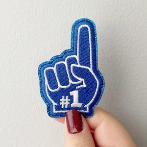 game day patch, blue foam finger number 1 patch, trucker hat patches, football patch, patches for senior day,  green team patch, fan finger