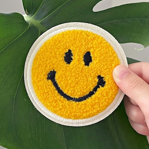 Chenille Smiley Face Iron-On Patch: Yellow Embroidered Applique