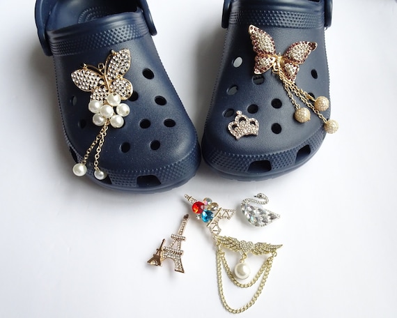 Bling Metal Croc Shoe Charms Women Butterfly Queen Crown Shoe Decorations  Girl Flower Rhinestone Chains Wristband Accessories