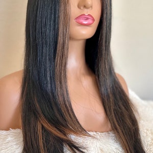 Premium DARK BROWN Caramel brown blended highlights bangs straight layered wig 26 inch wig