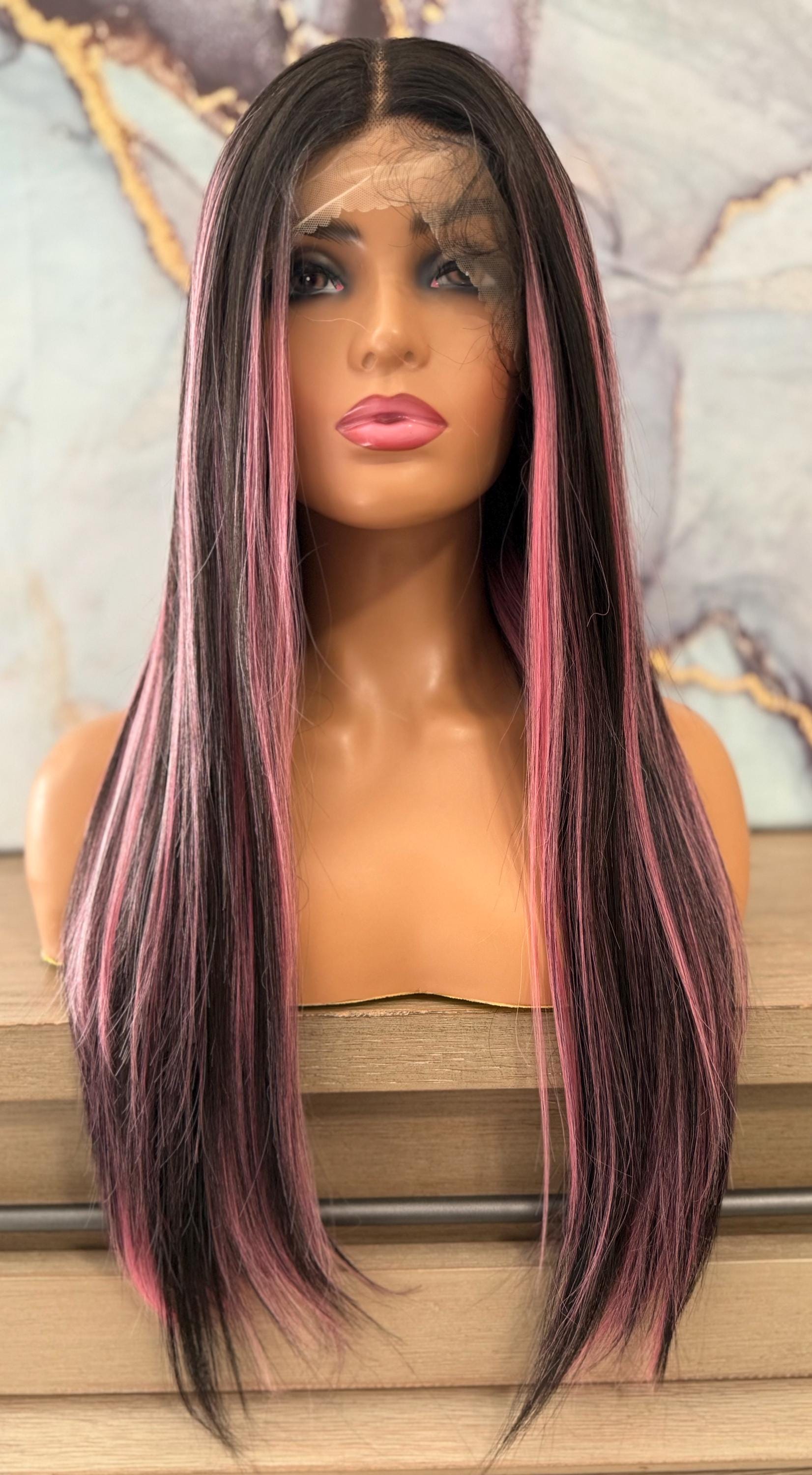 Streaks Heat Resistant Fiber Hair Synthetic Lace Front Wigs - #Pink/Brown Se874f1c25b164fa183b1a646a60fc  main image 2