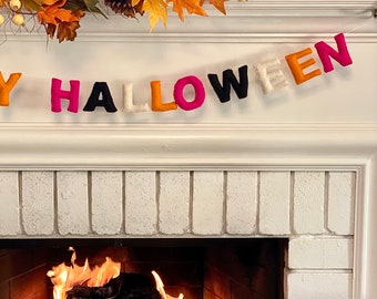 Happy Halloween Garland/ Halloween Wool Banner/ Fall Garland/ Felt ball garland/ Wool Felt Letter Banner/ Fall Mantel decor/ Fall banner