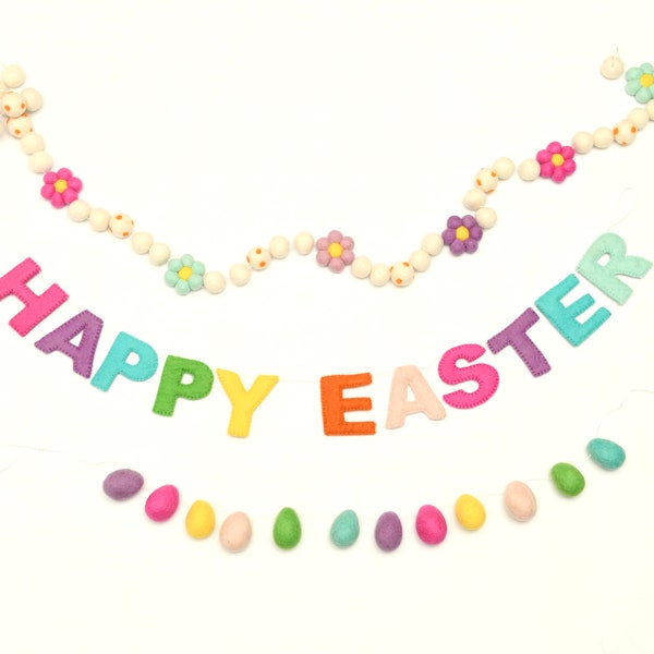 Happy Easter garland / Easter Felt garland/ Easter Pom Pom Garland/ Holiday garland/ Easter Mantel decor/ Easter banner - Ready to ship