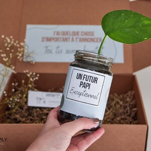 Peut inclure: Un bocal en verre avec de la terre et une plante verte, étiqueté "UN FUTUR PAPI Exceptionnel." Le bocal est tenu devant une boîte en carton avec un message à l'intérieur. La boîte contient une garniture décorative et une brindille de fleurs blanches.