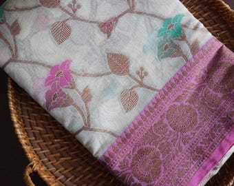 Banarasi Meenakari Handwoven Cotton rich mix Antique Zari Floral Jaal Saree | Banarasi | Sattva Weaves Sari | USA