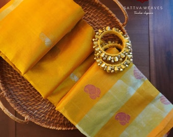 Pure Silk Cotton Venkatagiri Handloom Silver & Golden zari Saree | Yellow | Sattva Weaves Sari | Ships from USA