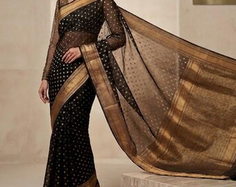Sabyasachi Handloom Banarasi Pure Silk Kora Organza Saree / Zari negro y dorado / Diseñador / Hazar Butti / Sattva Weaves / EE.UU.