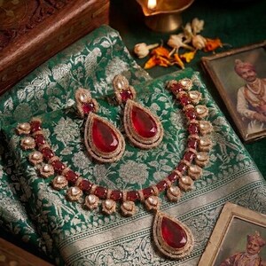 May include: A jewelry set consisting of a necklace and a pair of drop earrings. Each piece features large, teardrop-shaped red stones surrounded by smaller, clear, round stones set in a gold-toned metal frame with an intricate, textured finish.