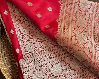 Red Satin Banarasi Saree | Golden Zari All Over Butta Weave