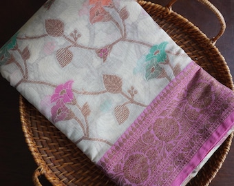 Off White Cotton Rich Saree with Antique Zari Floral Jaal Meenakari Weave