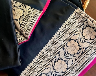 Black Satin Banarasi Saree | Magenta Kinari, Light Copper Zari Border