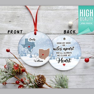 2 Sided State To State Long Distance Friends Ornament, Side By Side Or Miles Apart But We’ll Always Be Close At Heart Map Ornament Favors