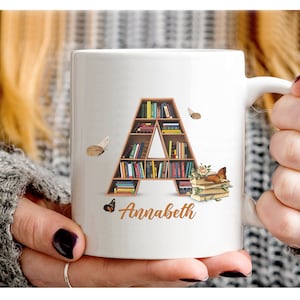 Custom Bookshelf Alphabet Letter Mug, 2D Bookshelf Print, Book Lover Bookworm Christmas Gift, Librarian Ceramic Mug 11,15oz Digital Download