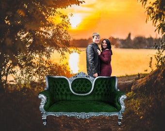 Vintage sofa digital background, Antique couch photo overlay, Wedding and Maternity background, Sunset digital backdrop