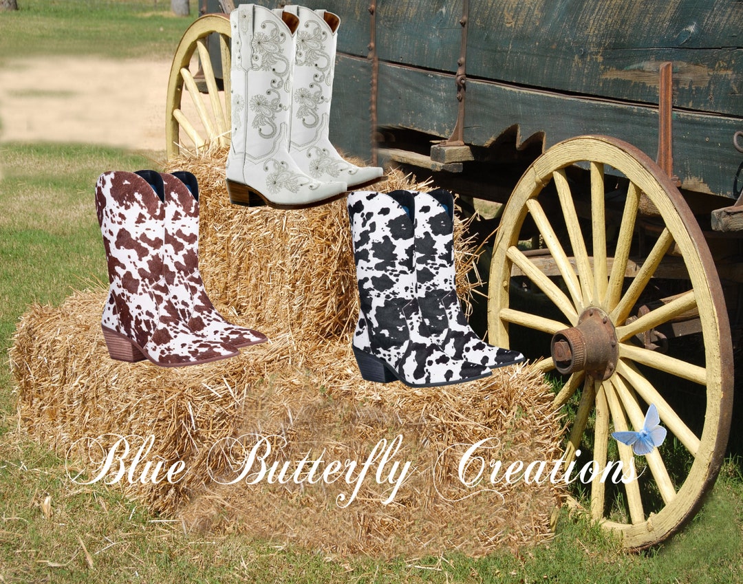 Cowprint Cowboy Boots Clipart, Cow Print Cowgirl Boots Overlay, Western Boots Clipart, Wedding