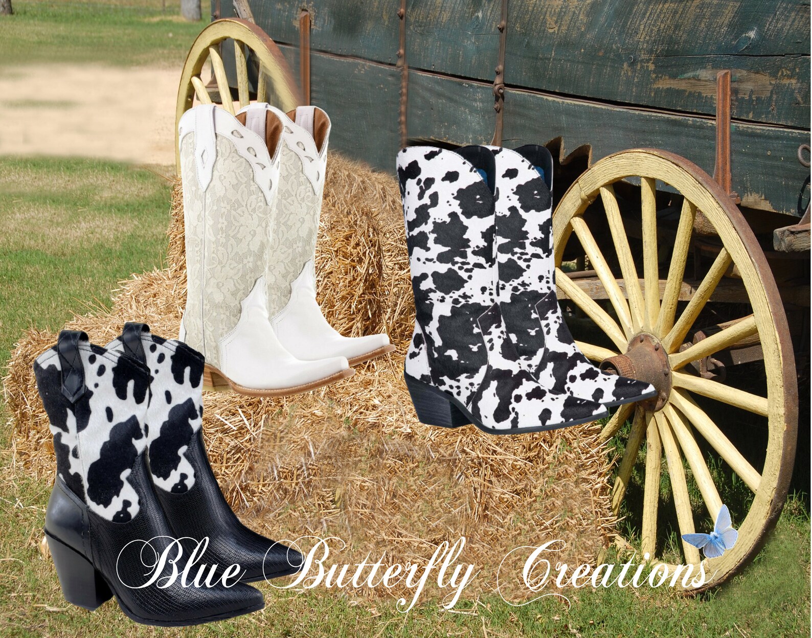 Cowprint Cowboy Boots Clipart, Cow Print Cowgirl Boots Overlay, Western Boots Clipart, Wedding