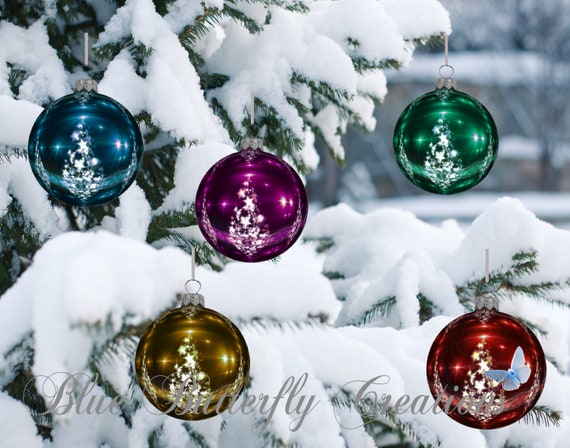 Bunte Christbaumkugeln, Christbaumkugeln, Weihnachtsbaumkugeln, Weihnachtsbaumschmuck Überlagerungen