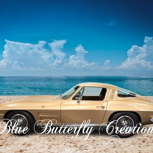 1964 Gold Chevy Corvette digitale PNG, Chevy klassieke auto PNG, Antieke Chevy PNG, Gouden vintage Corvette overlay, Klassieke auto foto-element
