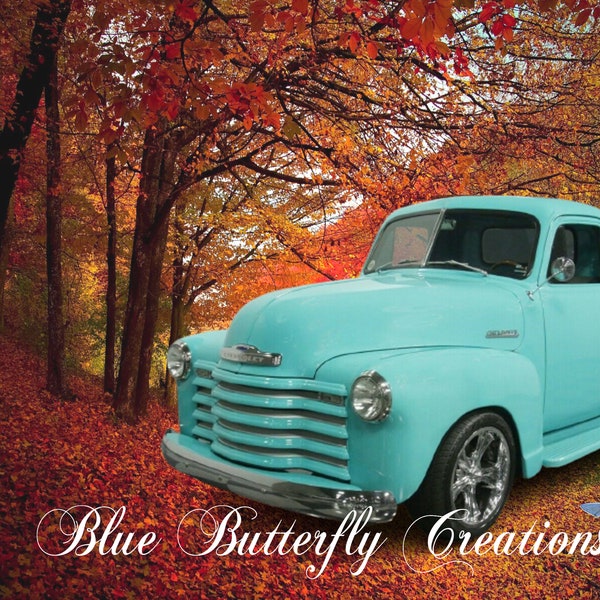 Old truck digital fall background, Vintage truck tailgate photo backdrop, Antique pickup truck outdoor fall background, Autumn backdrop