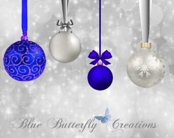 Clipart numérique de Hanoukka, ornements numériques de Hanoucca, clipart de boules de Noël, ornements de boules de Noël bleus et blancs, ornements numériques