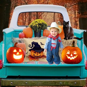 Halloween pickup truck digital photo backdrop, Fall truck digital photo background, Autumn truck digital background