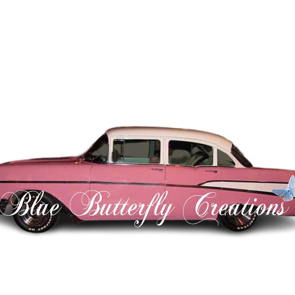 1957 Pink Chevy 4 door digital PNG, Chevy classic car PNG, Antique Chevy PNG, Pink vintage Chevy Bel Air, Pink 1957 Chevy Bel Air