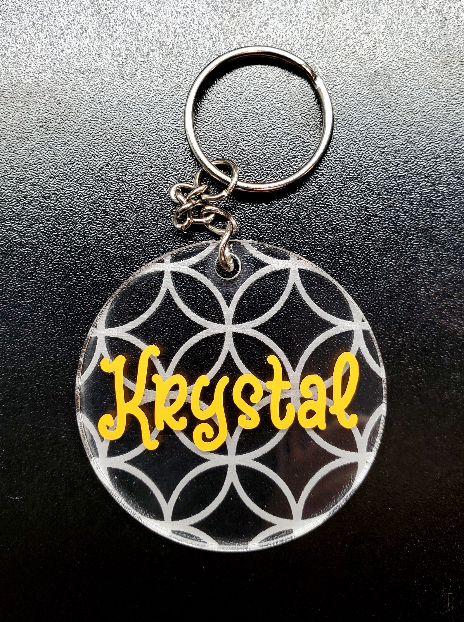 laser cut and etched acrylic keychain and tag vinyl names