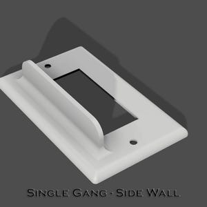 May include: White plastic single-gang electrical box for side wall mounting. The box has a cutout for a standard electrical outlet or switch.