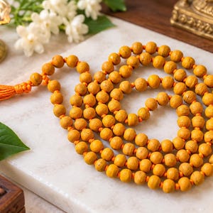 May include: A long strand of round, textured, mustard-yellow beads strung on a bright orange cord. The necklace features a matching orange tassel at one end, with the beads arranged in a coiled, circular pattern on a flat, light-coloured surface.