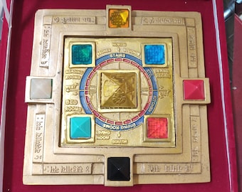 Puede incluir: Una placa de metal de color dorado con un diseño de brújula y varias piedras preciosas de colores. La placa presenta las palabras "NORTE", "SUR", "OESTE", "ESTE", "TIENDAS", "ESTUDIOS", "ESCALERAS", "SALAS DE LECTURA", "DORMITORIOS", "COMEDORES", "SALA DE ESTAR", "ETC", "SALA DE CRISTAL", "COCINA", y texto en sánscrito.