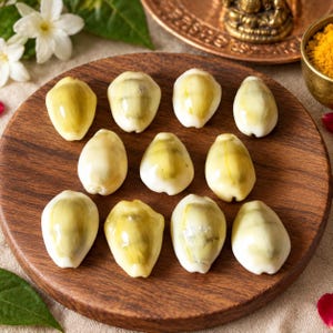 May include: Ten smooth, oval-shaped cowrie shells arranged on a circular wooden board. Each shell features a glossy, off-white exterior with subtle pale yellow and light green organic markings, showcasing a natural, rounded form and a central slit.