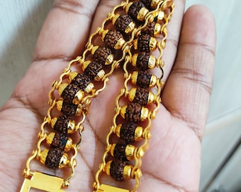 Rudraksha Bead Bracelet Wrist Band Wristband Mala Yoga Hindu Meditation with Gold Plated Cap