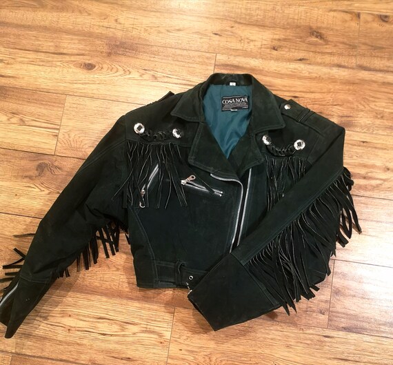 Emerald Green Crop Suede Fringe Leather Jacket