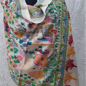 Pure Pashmina Hand Embroidered Shawl,Hand Painted Village/Hunting Pure Cashmere Wrap,Kashmir Wraps,Rich Hippie Wraps,pashmina gift