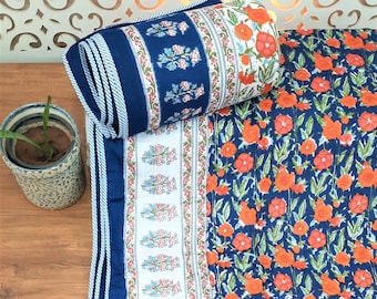 Beautiful Floral Print Reversible Dohar Hand Block Print Cotton Dohar Indian Ac Quilt Blanket Kantha Throw Hand Printed Blanket Throw, Gift