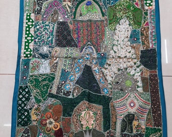 40x60, Handmade wall hanging, Vintage patchwork hand made, Zari patchwork wall hanging, beautiful and heavy neck design patchwork