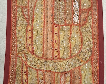 18 X 33" Vintage Red Zardozi Patchwork Wall Hanging - Hand embroidered Tapestry - Home Decor - Wall Decor