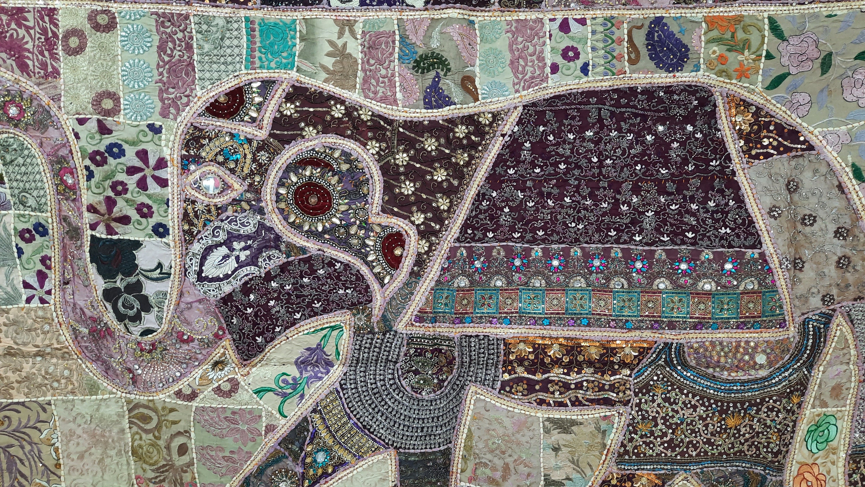 60x90 手刺繍の象のパッチワーク、エスニックな壁掛け、インドの壁掛け