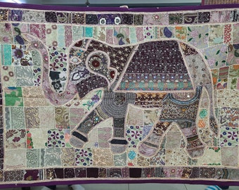 60x90 手刺繍の象のパッチワーク、エスニックな壁掛け、インドの壁掛け